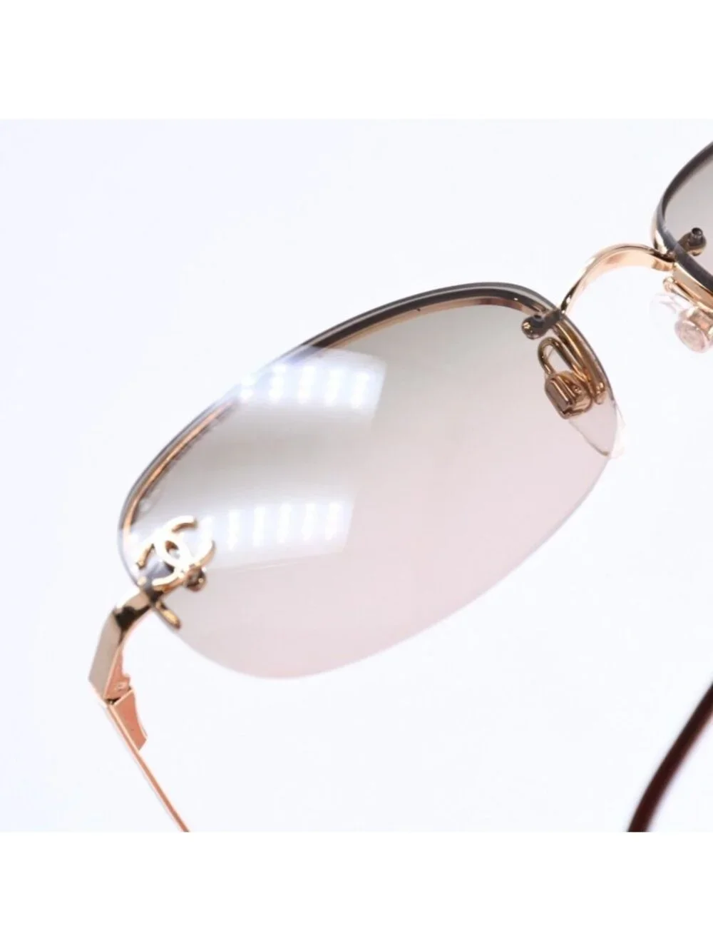 Chanel Rimless Sunglasses Side CC Logo Metal Brown Gold Eyewear